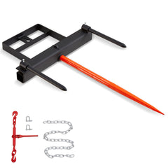 39" Hay Spear, Bale Spears 726kg Loading Capacity, Skid Steer Loader Tractor Bucket Attachment with 2pcs 17.5" Stabilizer Spears and 60" Chain, Quick Attach Spike Forks