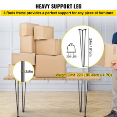 Hairpin Table Legs 24 inch Black Set of 4 Desk Legs Each 220lbs Capacity Hairpin Desk Legs 3 Rods for Bench Desk Dining End Table Chairs Carbon Steel DIY Table Legs Heavy Duty Furniture Legs