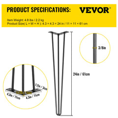 Hairpin Table Legs 24 inch Black Set of 4 Desk Legs Each 220lbs Capacity Hairpin Desk Legs 3 Rods for Bench Desk Dining End Table Chairs Carbon Steel DIY Table Legs Heavy Duty Furniture Legs