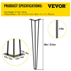 Hairpin Table Legs 30 inch Black Set of 4 Desk Legs Each 220lbs Capacity Hairpin Desk Legs 3 Rods for Bench Desk Dining End Table Chairs Carbon Steel DIY Table Legs Heavy Duty Furniture Legs