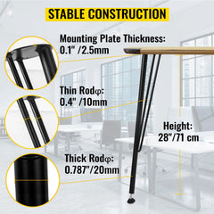 Hairpin Table Legs Metal Coffee Table Legs Desk 28" Height 3-Rod Set of 4