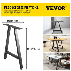 Metal Table Legs 28 x 17.7 inch A-Shaped Desk Legs Set of 2 Heavy Duty Bench Legs with Polyurethane Coating, Furniture Legs with Floor Protectors, Wrought Iron Coffee Table Legs for Home DIY Bla
