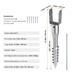 No Dig Ground Anchor, 1 Pack 10 x 7 x 70 cm DIY Screw in Post Stake, Includes 6 Lag Bolts & a Rebar, U-Shape Heavy Duty Steel Post Holder, Great for Mailbox Posts and Fence Posts