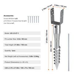 No Dig Ground Anchor, 1 Pack 10 x 7 x 70 cm DIY Screw in Post Stake, Includes 6 Lag Bolts & a Rebar, U-Shape Heavy Duty Steel Post Holder, Great for Mailbox Posts and Fence Posts