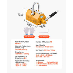 Permanent Magnetic Lifter, 600 kg Pulling Capacity, Heavy Duty N42 Neodymium Lifting Magnet with Release Handle and Steel Hook, Used in Shop Crane and Hoist, for Lifting Plate Steel, Board