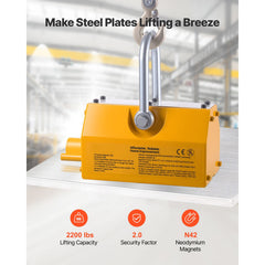Permanent Magnetic Lifter, 1000 kg Pulling Capacity, Heavy Duty N42 Neodymium Lifting Magnet with Release Handle and Steel Hook, Used in Shop Crane and Hoist, for Lifting Plate Steel, Board