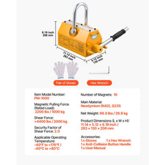Permanent Magnetic Lifter, 1000 kg Pulling Capacity, Heavy Duty N42 Neodymium Lifting Magnet with Release Handle and Steel Hook, Used in Shop Crane and Hoist, for Lifting Plate Steel, Board