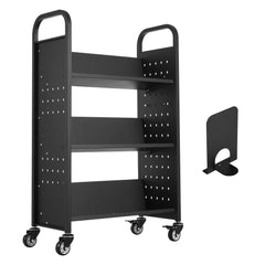Rolling Library Book Cart, 150 kg Capacity, 77 x 38 x 122 cm Library Cart, Single Sided V-Shaped Shelves with 76.2 mm Lockable Wheels, Book Truck for Home Shelves Office and School, Black