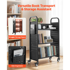 Rolling Library Book Cart, 150 kg Capacity, 77 x 38 x 122 cm Library Cart, Single Sided V-Shaped Shelves with 76.2 mm Lockable Wheels, Book Truck for Home Shelves Office and School, Black