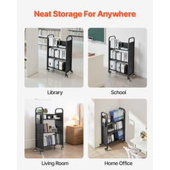 Rolling Library Book Cart, 150 kg Capacity, 77 x 38 x 122 cm Library Cart, Single Sided V-Shaped Shelves with 76.2 mm Lockable Wheels, Book Truck for Home Shelves Office and School, Black