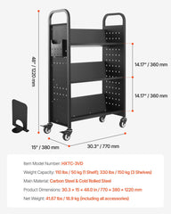 Rolling Library Book Cart, 150 kg Capacity, 77 x 38 x 122 cm Library Cart, Single Sided V-Shaped Shelves with 76.2 mm Lockable Wheels, Book Truck for Home Shelves Office and School, Black