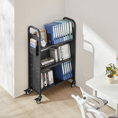 Rolling Library Book Cart, 150 kg Capacity, 77 x 38 x 122 cm Library Cart, Single Sided V-Shaped Shelves with 76.2 mm Lockable Wheels, Book Truck for Home Shelves Office and School, Black
