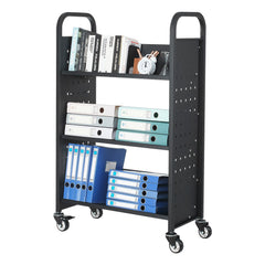 Rolling Library Book Cart, 150 kg Capacity, 77 x 38 x 122 cm Library Cart, Single Sided V-Shaped Shelves with 76.2 mm Lockable Wheels, Book Truck for Home Shelves Office and School, Black