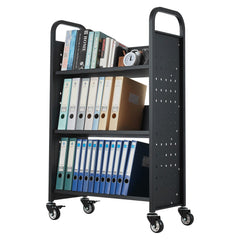 Rolling Library Book Cart, 150 kg Capacity, 77 x 38 x 122 cm Library Cart, Single Sided V-Shaped Shelves with 76.2 mm Lockable Wheels, Book Truck for Home Shelves Office and School, Black