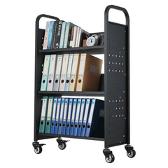 Rolling Library Book Cart, 150 kg Capacity, 77 x 38 x 122 cm Library Cart, Single Sided V-Shaped Shelves with 76.2 mm Lockable Wheels, Book Truck for Home Shelves Office and School, Black
