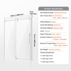 Frameless Shower Door 58-59" x 75" SGCC Tempered Glass 5/16" Chrome