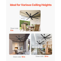 213 cm Ceiling Fan No Light, 6-Speed Remote Control, Aluminum 8-Blade, Reversible DC Motor, Modern Low Profile Flush Mount Exterior Fan for Bedroom, Living Room, Patio, Indoor/Outdoor, Black