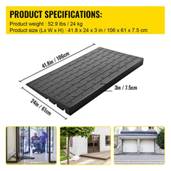 Rubber Threshold Ramp, 7.62 cm Rise Threshold Ramp Doorway, 3 Channels Cord Cover Rubber Solid Threshold Ramp, Rubber Angled Entry Rated 997.9 kg Load Capacity for Wheelchair and Scooter