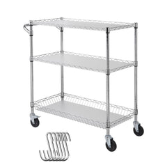 Kitchen Utility Cart, 3 Tiers, Wire Rolling Cart, Steel Service Cart on Wheels, Metal Storage Trolley with 80mm Basket Curved Handle PP Liner 6 Hooks, for Indoor and Outdoor