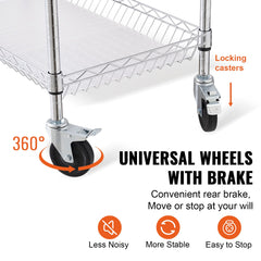 Kitchen Utility Cart, 3 Tiers, Wire Rolling Cart, Steel Service Cart on Wheels, Metal Storage Trolley with 80mm Basket Curved Handle PP Liner 6 Hooks, for Indoor and Outdoor