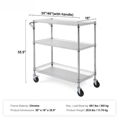 Kitchen Utility Cart, 3 Tiers, Wire Rolling Cart, Steel Service Cart on Wheels, Metal Storage Trolley with 80mm Basket Curved Handle PP Liner 6 Hooks, for Indoor and Outdoor