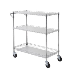 Kitchen Utility Cart, 3 Tiers, Wire Rolling Cart, Steel Service Cart on Wheels, Metal Storage Trolley with 80mm Basket Curved Handle PP Liner 6 Hooks, for Indoor and Outdoor