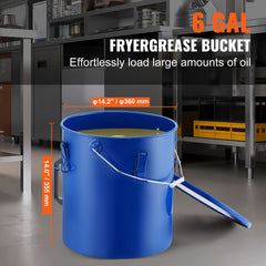 Fryer Grease Bucket, 22.7L Oil Disposal Caddy Carbon Steel Fryer Oil Bucket with Rust-Proof Coating, Oil Transport Container with Lid, Lock Clips, Filter Bag for Hot Cooking Oil Filtering, Blue