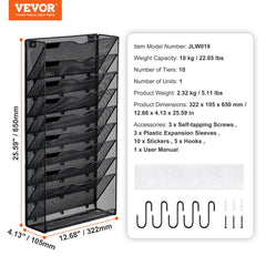 File Wall Rack Mesh Wall File Holder 1-Piece 10 Pockets for Office/School
