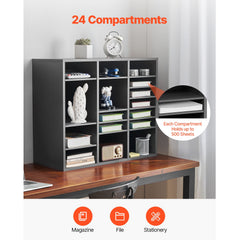 Literature Organizer, 24 Compartments Office Mailbox with Adjustable Shelves, Wooden Mailbox Sorter Medium Density Fiberboard Office Home Classroom Storage for Files, Documents, Papers, Grey
