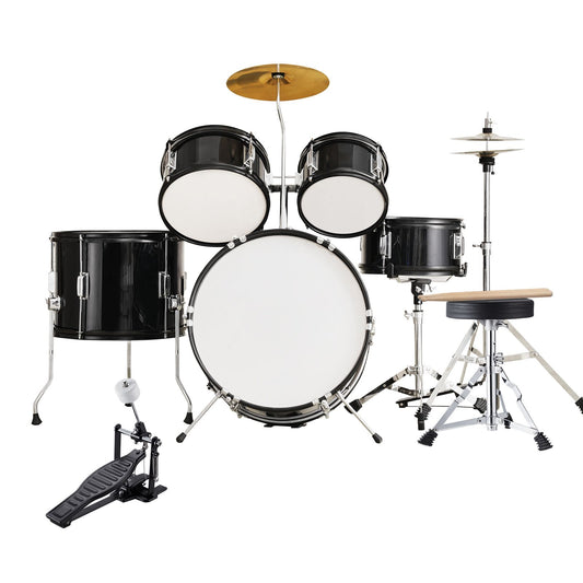 Kids Drum Set, 5-Piece, 406.4 mm Beginner Full Drum Set with Bass Toms Snare Floor Drum Adjustable Throne Cymbal Hi-Hat Pedal and Two Pairs of Drumsticks, Starter Drum Kit for Child Kids, Black