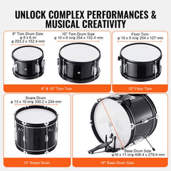 Kids Drum Set, 5-Piece, 406.4 mm Beginner Full Drum Set with Bass Toms Snare Floor Drum Adjustable Throne Cymbal Hi-Hat Pedal and Two Pairs of Drumsticks, Starter Drum Kit for Child Kids, Black