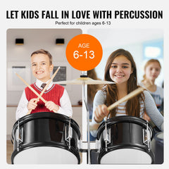 Kids Drum Set, 5-Piece, 406.4 mm Beginner Full Drum Set with Bass Toms Snare Floor Drum Adjustable Throne Cymbal Hi-Hat Pedal and Two Pairs of Drumsticks, Starter Drum Kit for Child Kids, Black