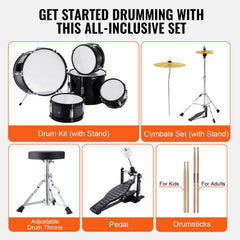 Kids Drum Set, 5-Piece, 406.4 mm Beginner Full Drum Set with Bass Toms Snare Floor Drum Adjustable Throne Cymbal Hi-Hat Pedal and Two Pairs of Drumsticks, Starter Drum Kit for Child Kids, Black