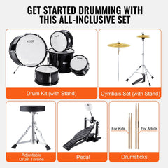 Kids Drum Set, 5-Piece, 406.4 mm Beginner Full Drum Set with Bass Toms Snare Floor Drum Adjustable Throne Cymbal Hi-Hat Pedal and Two Pairs of Drumsticks, Starter Drum Kit for Child Kids, Black