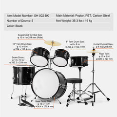 Kids Drum Set, 5-Piece, 406.4 mm Beginner Full Drum Set with Bass Toms Snare Floor Drum Adjustable Throne Cymbal Hi-Hat Pedal and Two Pairs of Drumsticks, Starter Drum Kit for Child Kids, Black
