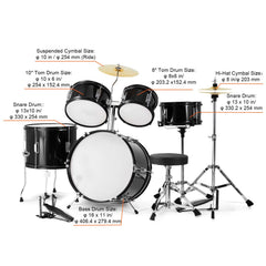 Kids Drum Set, 5-Piece, 406.4 mm Beginner Full Drum Set with Bass Toms Snare Floor Drum Adjustable Throne Cymbal Hi-Hat Pedal and Two Pairs of Drumsticks, Starter Drum Kit for Child Kids, Black