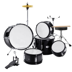 Kids Drum Set, 5-Piece, 406.4 mm Beginner Full Drum Set with Bass Toms Snare Floor Drum Adjustable Throne Cymbal Hi-Hat Pedal and Two Pairs of Drumsticks, Starter Drum Kit for Child Kids, Black