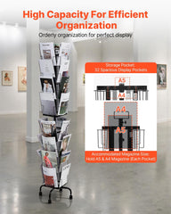 Greeting Cards Display Rack, 32 Pockets Rotating Postcard Brochure Display Stand, 360° Spinning Card Display Rack with Sign Holder & 4 Wheels (2 Lockable) for Exhibitions Office Trade Show