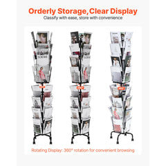 Greeting Cards Display Rack, 32 Pockets Rotating Postcard Brochure Display Stand, 360° Spinning Card Display Rack with Sign Holder & 4 Wheels (2 Lockable) for Exhibitions Office Trade Show
