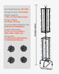 Greeting Cards Display Rack, 32 Pockets Rotating Postcard Brochure Display Stand, 360° Spinning Card Display Rack with Sign Holder & 4 Wheels (2 Lockable) for Exhibitions Office Trade Show