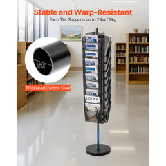 Rotating Brochure Display Rack, 30 Pockets Mesh Magazine Literature Display Stand, Portable Floor Standing Magazine Rack, Metal Newspaper Catalog Holders for Shop Exhibitions Office Trade Show
