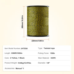 Electric Fence Wire, 3366Ft 1026M Portable Polywire, 1/8" Diameter 6 Stainless Steel Strands for Reliable Conductivity and UV, Rust Resistance, Fencing Rope Line for Horse, Cattle, Livestock