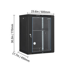 15U Wall Mount Network Cabinet, 226.8 kg Max. Ground Load Capacity, Server Rack Cabinet Enclosure with Locking Tempered Glass Door, Side Panels, Q235 Carbon Steel, for IT Equipment, A/V Devices