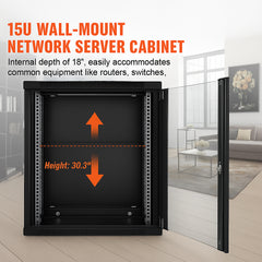 15U Wall Mount Network Cabinet, 226.8 kg Max. Ground Load Capacity, Server Rack Cabinet Enclosure with Locking Tempered Glass Door, Side Panels, Q235 Carbon Steel, for IT Equipment, A/V Devices