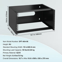 6U Wall Mount Network Rack, 14 in/355.6 mm Depth, 50 lbs/22.68 kg Max Weight Capacity Wall Mount Server Rack with Cage Nuts, 19"/482.6 mm for Shallow Server IT Equipment and Network Switches