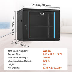 9U Wall Mount Network Server Cabinet, 39.37 cm Deep, Server Rack Cabinet Enclosure, 90.7 kg Max. Ground-mounted Load Capacity, with Locking Glass Door Side Panels, for IT Equipment, A/V Devices