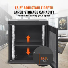 12U Wall Mount Network Server Cabinet, 15.5'' Deep, Server Rack Cabinet Enclosure, 200 lbs Max. Ground-mounted Load Capacity, with Locking Door Side Panels, for IT Equipment, A/V Devices