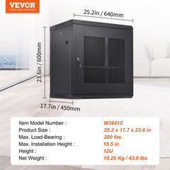 12U Wall Mount Network Server Cabinet, 15.5'' Deep, Server Rack Cabinet Enclosure, 200 lbs Max. Ground-mounted Load Capacity, with Locking Door Side Panels, for IT Equipment, A/V Devices