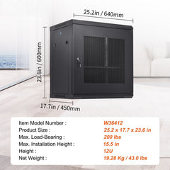 12U Wall Mount Network Server Cabinet, 15.5'' Deep, Server Rack Cabinet Enclosure, 200 lbs Max. Ground-mounted Load Capacity, with Locking Door Side Panels, for IT Equipment, A/V Devices