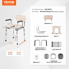 Commode Chair, Bedside Commode with Padded Seat, Drop-Down Arms, 7-Level Adjustable Height, 5.8L Removable Bucket, Easy to Assemble, 350LBS Capacity, Portable Toilet for Adults Seniors